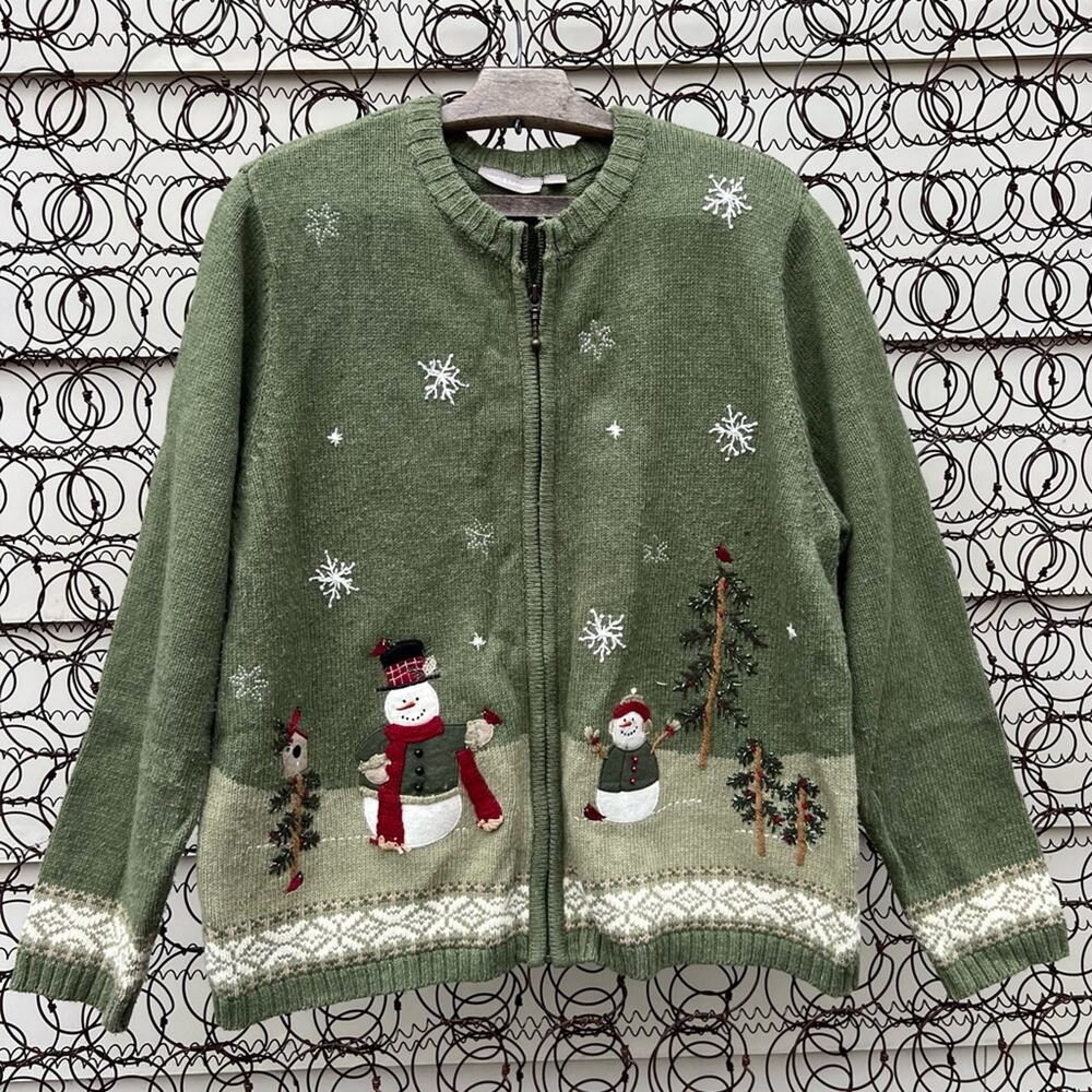 Rustic Americana snowman birdhouse pine tree ugly Christmas winter cardigan XL